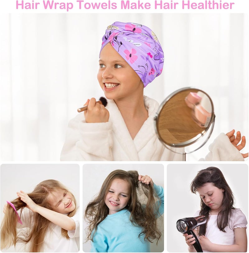 Basumee Microfiber Hair Towel Wrap for Kids 2 Pack Rapid Drying Hair Towel with Button Hair Turbans for Wet Hair Wraps Head Towel Wrap for Women and Girls, Pink Purple Butterfly - Image 2